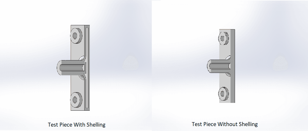 Test piece, with and without shelling